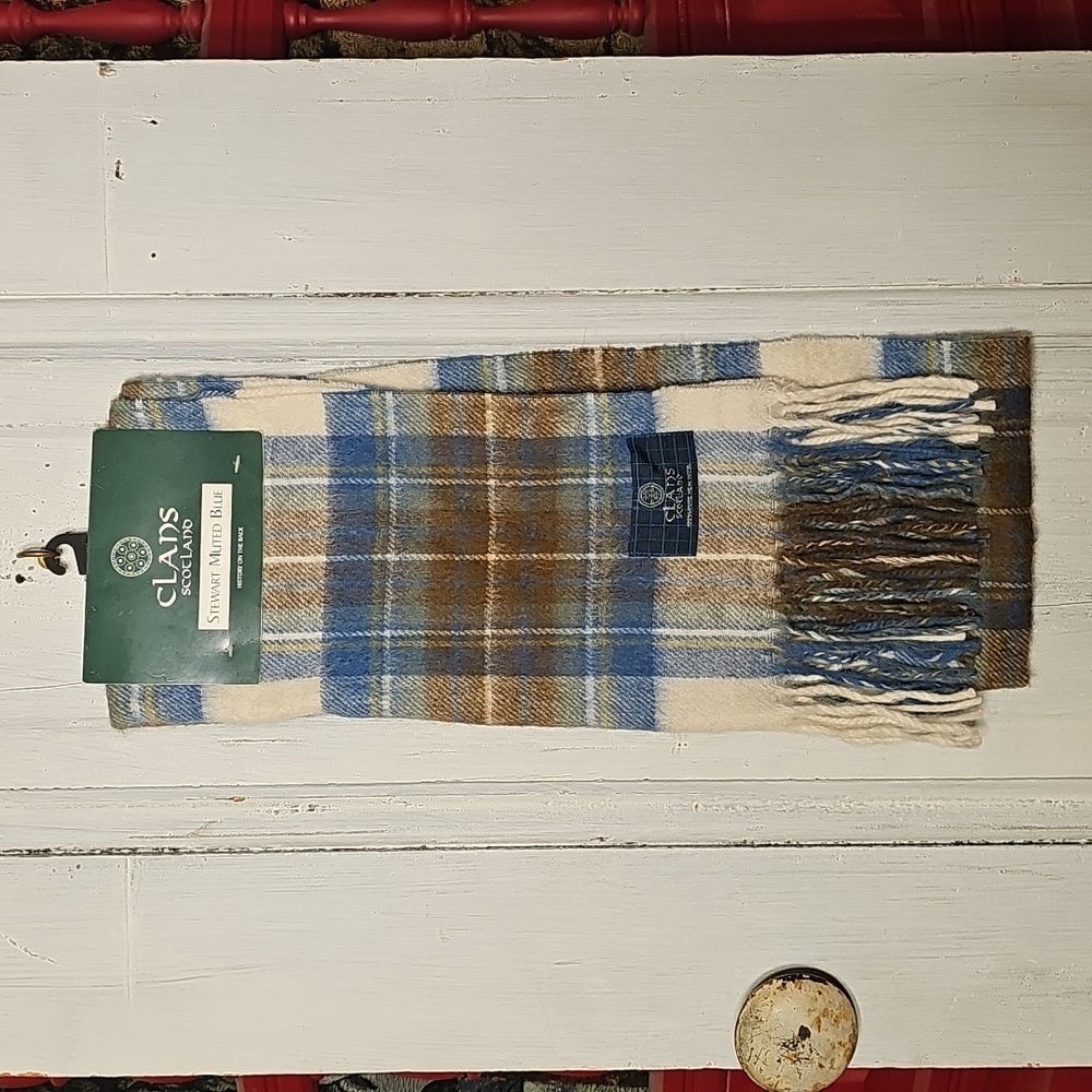 NWT Clans Scotland Stewart Muted Blue Plaid Pure New Wool Tartan Scarf
